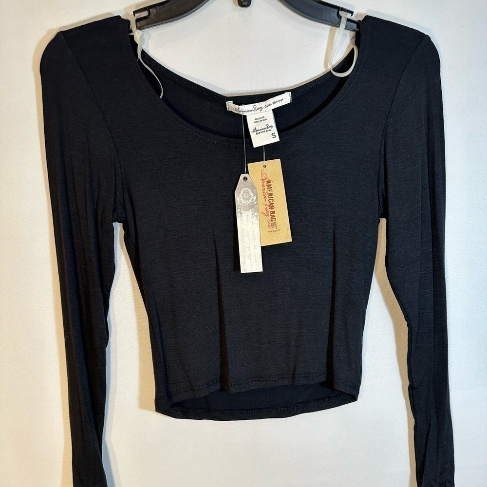 American Rag Cie Womens Size S Cropped Long Sleeve Stretchy Blouse Black T-Shirt